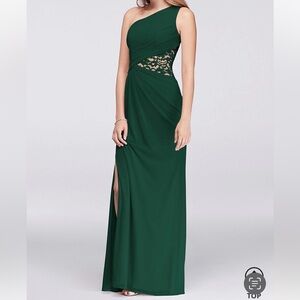 Juniper Green David’s Bridal Bridesmaid Dress, one shoulder, size 4